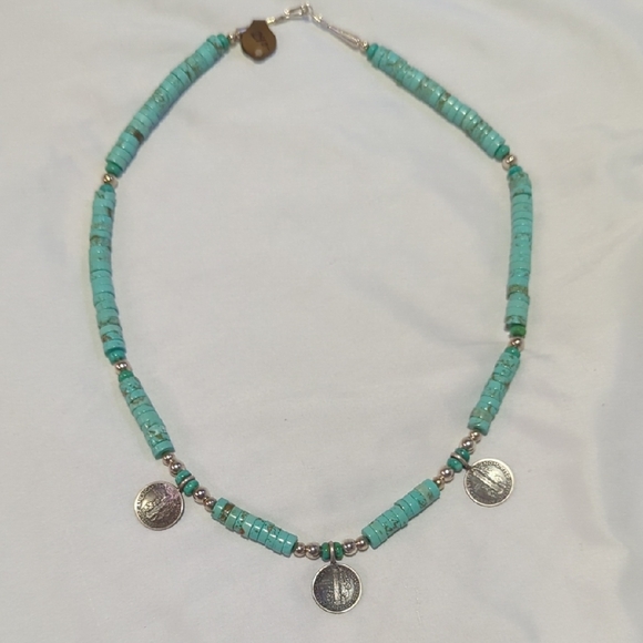 Kingman Turquoise Beaded Necklace with Mercury Dimes And Silver Accents - Picture 5 of 8